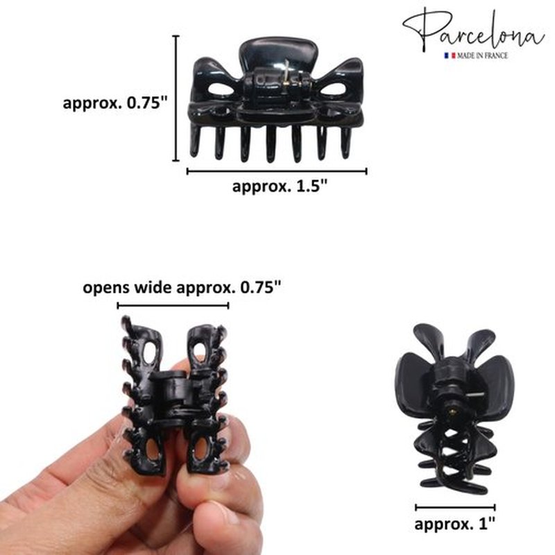 Parcelona French Classic Very Small 1 1/2" Claw Clips with Tight Spring Set of 3 Girls Hair Jaw Claw Clips Durable Styling Women Hair Accessories, Made in France (Black)