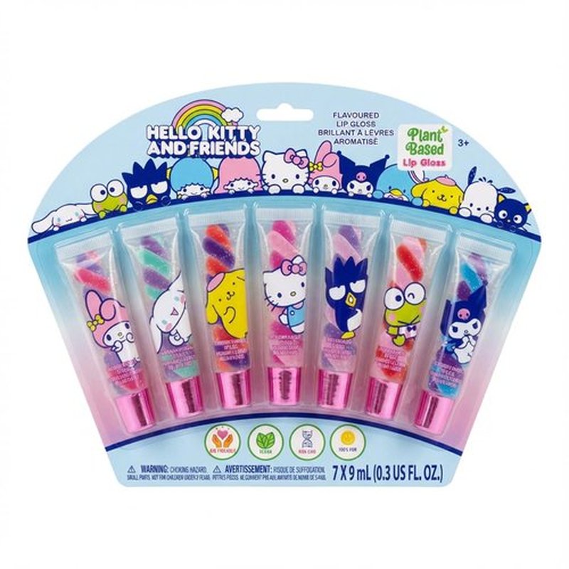 Townley Girl Hello Kitty and Friends 7 Piece Swirl Lip Gloss, Girls Kids Party Favors, Lip Set for Girls, Perfect for Birthday Gifts, Plant Based, Ages 3