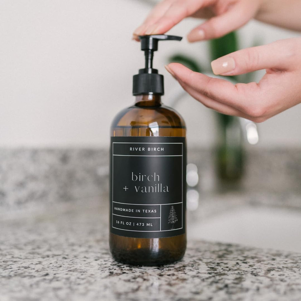 River Birch Birch + Vanilla Scented Natural Hand Soap - Handmade Soap - Moisturizing Hand Wash with Amber Glass Dispenser - Luxury Scented Hydrating Hand Soap - Vegan and Non-Toxic -16 Fl Oz