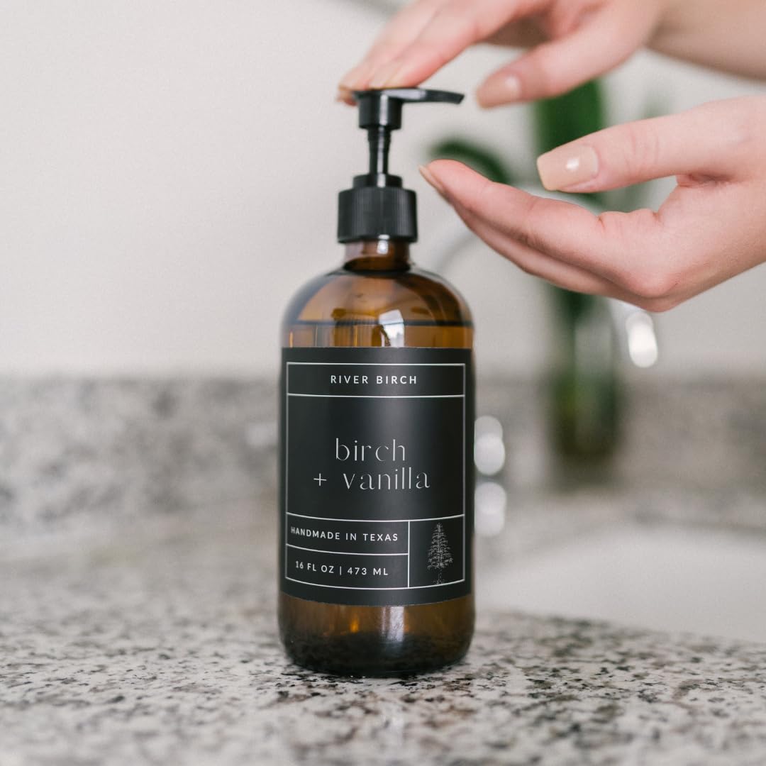River Birch Birch + Vanilla Scented Natural Hand Soap - Handmade Soap - Moisturizing Hand Wash with Amber Glass Dispenser - Luxury Scented Hydrating Hand Soap - Vegan and Non-Toxic -16 Fl Oz