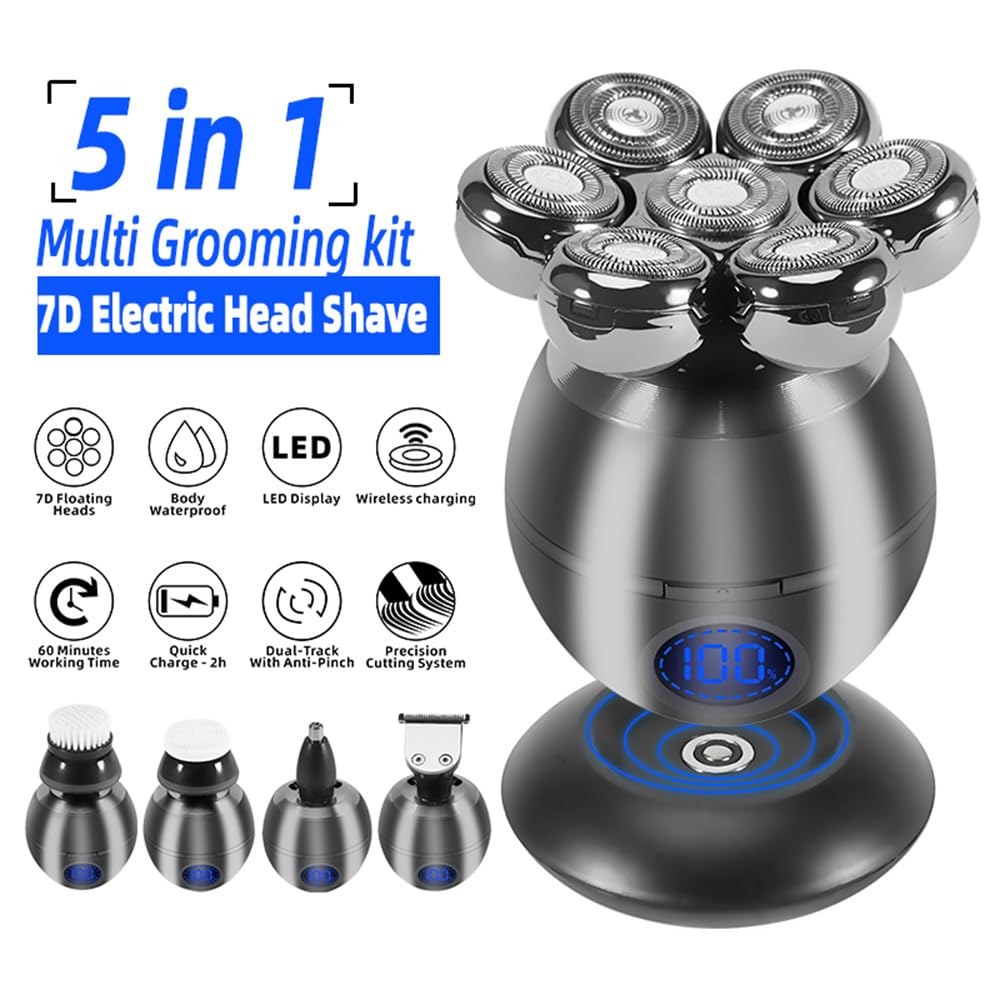 Head Shaver, 5 in 1 Waterproof with LCD Display Bald Head Shavers for Men, Wet Dry Electric Razor, 7DUSB Rechargeable Electric Shavers Bald (Grey)