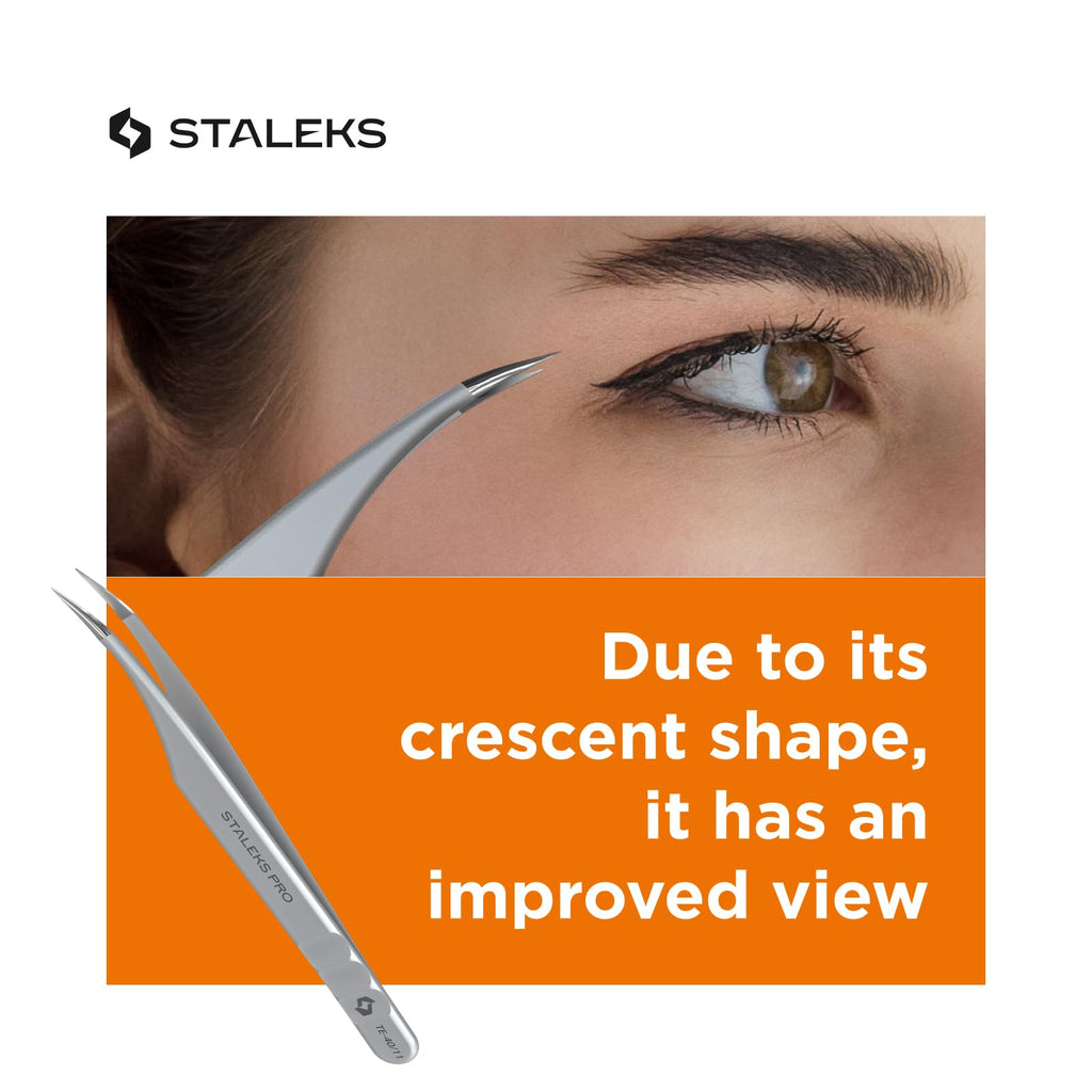Staleks Pro Professional Eyelash Tweezers Expert 40 Type 11 – Curved – Lash Separation – Stainless Steel – Anti-Fatigue Design