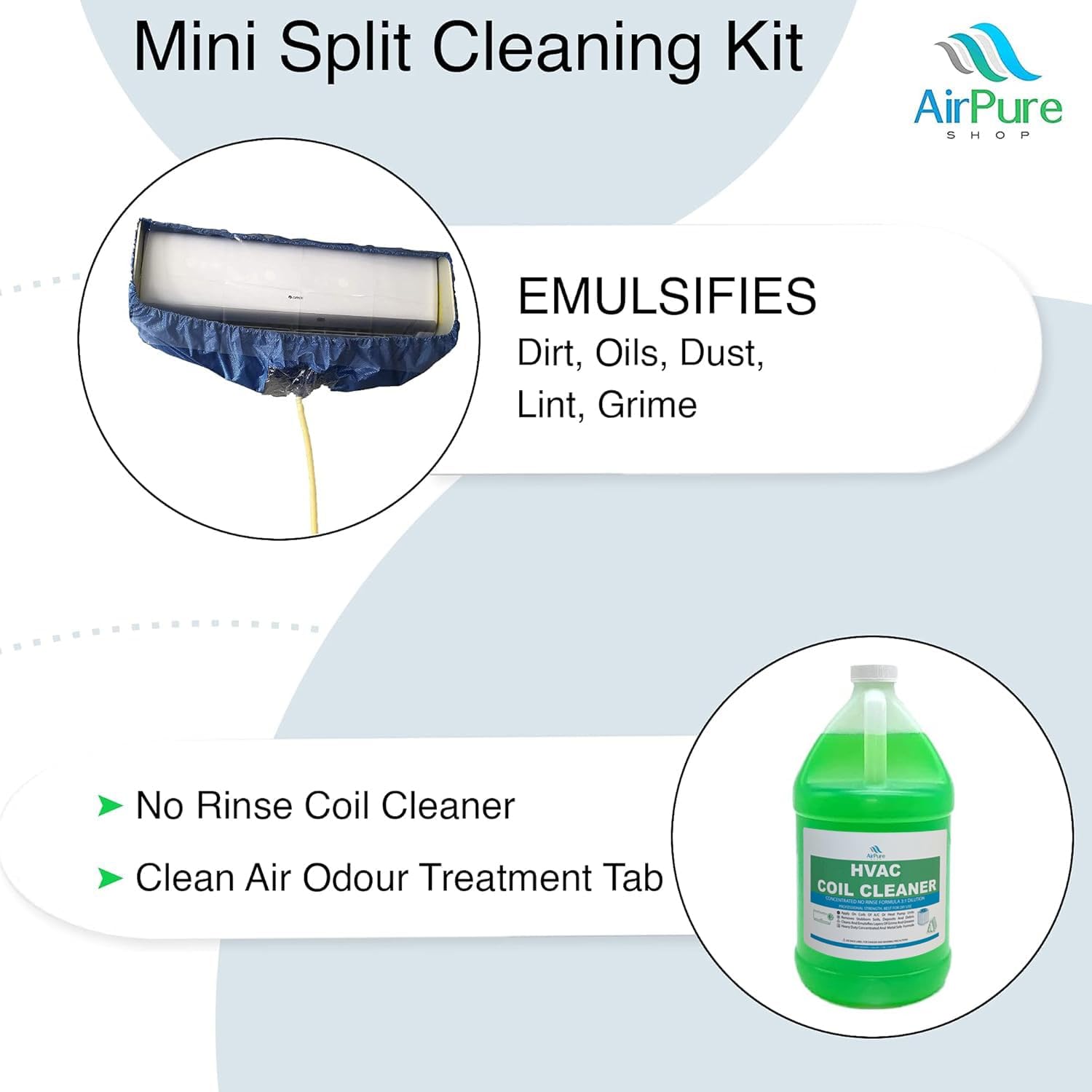 Complete Mini Split Cleaning Kit Featuring Nu-Calgon Evap Pow'r C Coil Cleaner & CleanAir Odour Treatment Tab - For Units Up To 39 Inches Wide