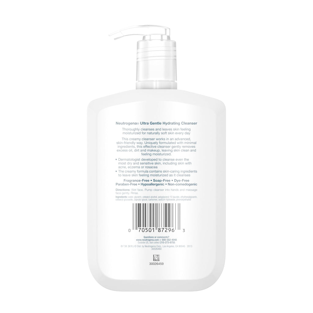 Neutrogena Ultra Gentle Hydrating Facial Cleanser, Non-Foaming Face Wash for Sensitive Skin, Gently Cleanses Face Without Over Drying, Oil, Soap & Fragrance-Free, 12 fl. oz