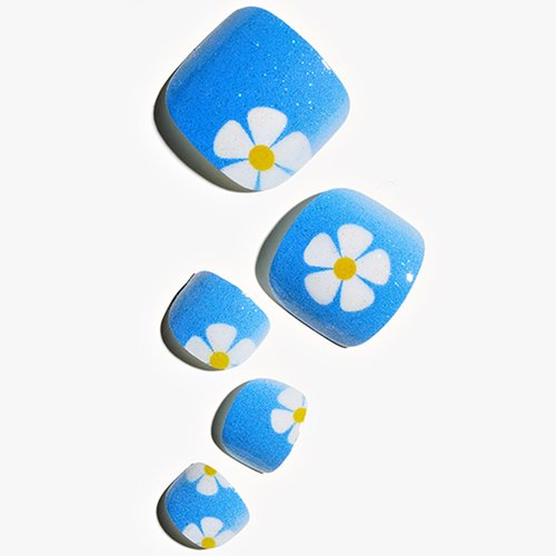 GLAMERMAID Press on Toenails, Spring Summer Glitter Blue Flower Gel Glue on Toe Nails, Glossy Round Toe Nails Reusable UV Finish Fake Nails Acrylic False Nails Manicure Kits for Women
