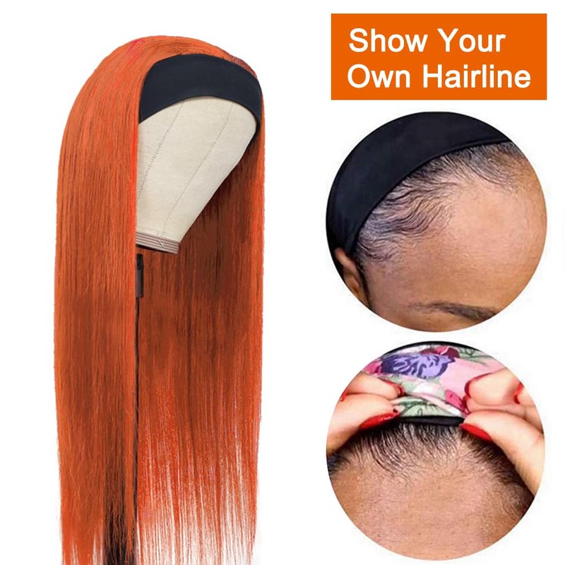 YiweYowe 26 Inch #350 Orange Headband Wig Human Hair 150% Density Grade 8A Unprocessed Brazilian Virgin Hairs Machine Made Orange Straight Headband Wig Human Hair None Lace Front Wig