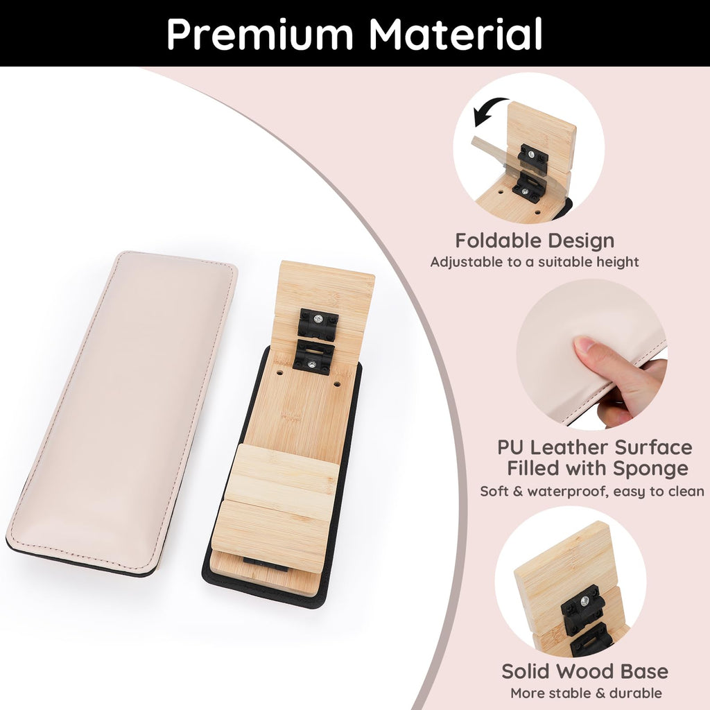 Segbeauty Adjustable Nail Hand Rest Pink, 3 Tier Collapsible Wooden PU Leather Arm Rest for Nails, Portable Manicure Hand Stand for Nail Tech with Table Mat Professional Nails Art Accessories Tool