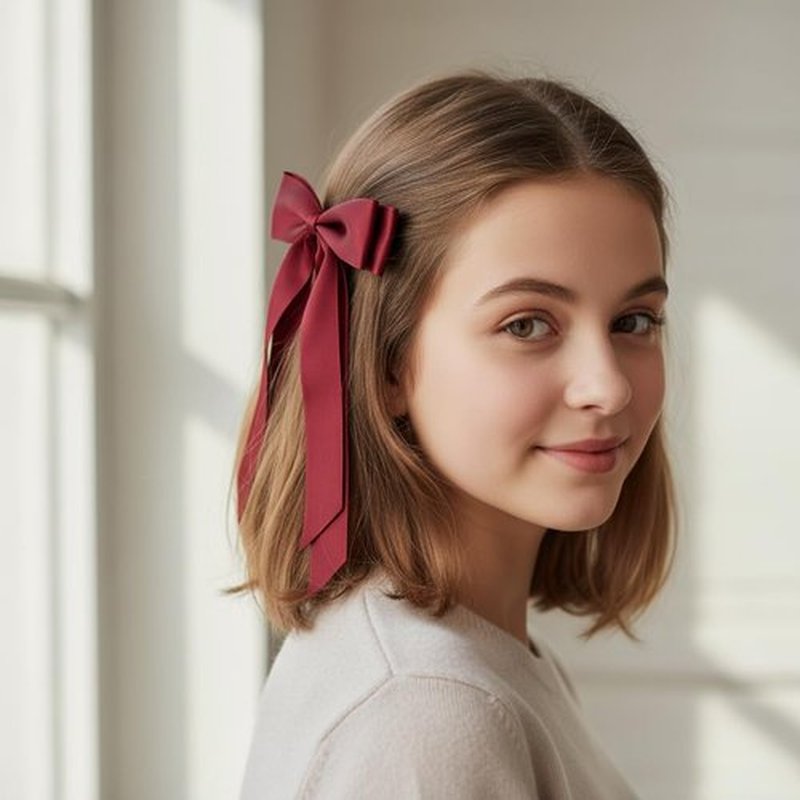Burgundy Hair Bows for Women 3PCS Soft Silky Satin Bow Hair Clips with Metal Clips Long Tail Hair Ribbon Ponytail Holder Wedding Dress Decor Hair Accessories for Girls Teen