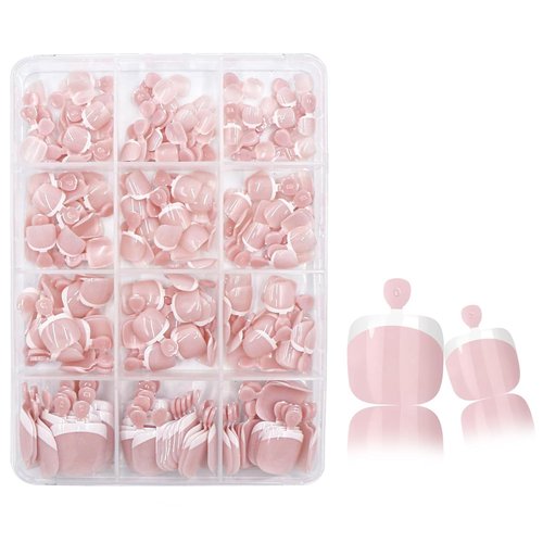 240Pcs White French Tip Press on Toenails Short Square Fake Toe nails Press ons with Design Stick on Toe nails Reusable Acrylic False ToeNails Artificial Glue on Toenails for Women Nails Manicure