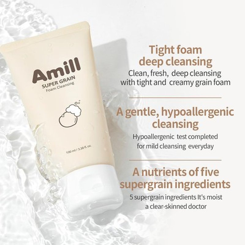 Amill Super Grain Foam Cleanser - Gentle Facial Wash with Multi-Grain Extracts | 100ml/3.39fl.oz for Soft, Hydrated Skin