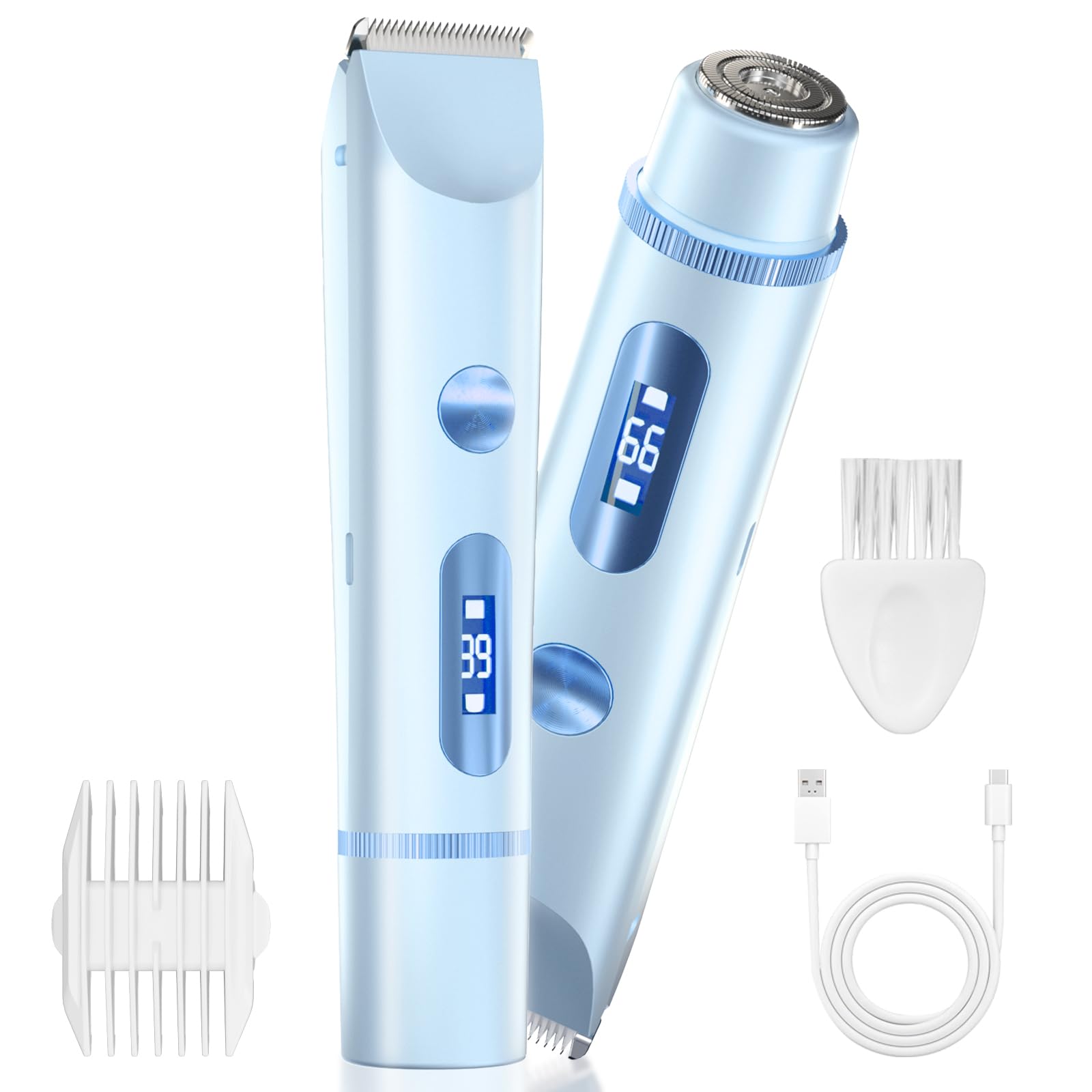 AMURS Bikini Trimmer for Women, Dual-Head Electric Body Hair Trimmer for Sensitive Areas, LED Battery Display, IPX7, USB-C Rechargeable Groomer for Bikini Line, Underarms, Legs & Face (Cloud Blue)