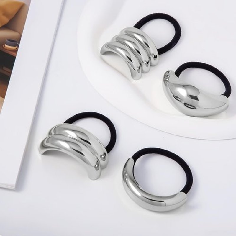 hisial 8Pcs Metal Geometric Elastic Hair Ties Non-Damage Ponytail Cuff Holders Fashion Hair Accessories for Women Hair Bands for Thick Hair(Silver Arc)