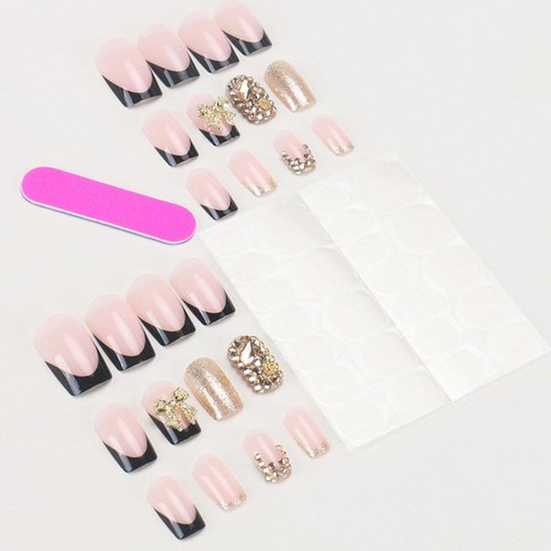 Medium Press on Nails Square Fake Nails with Bow Rhinestones Designs Black French Tip Nails Press ons Gold Glitter Acrylic Nails for Women 24Pcs