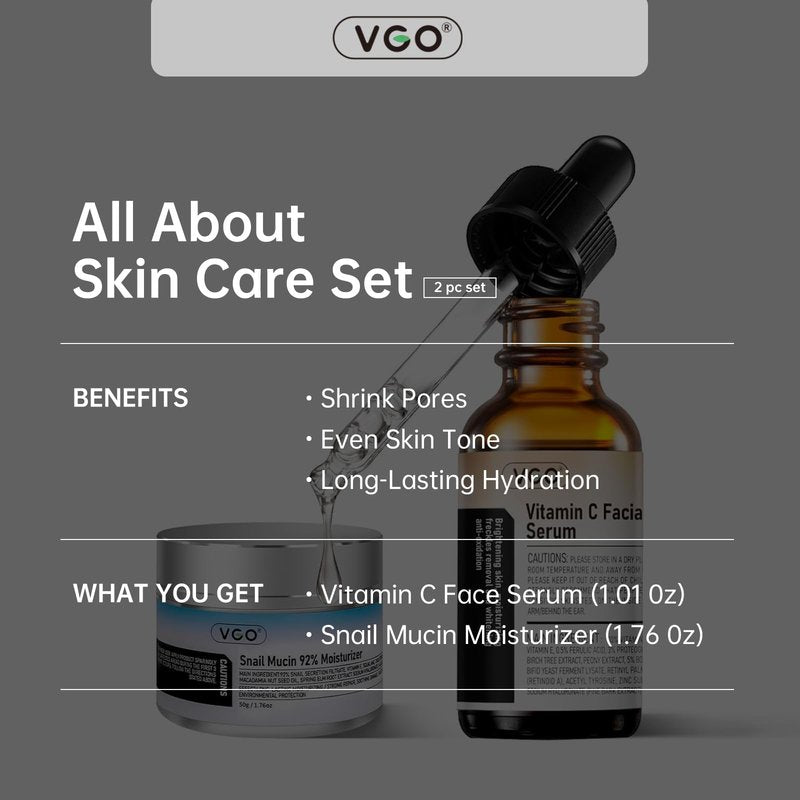 VGO Skin Care Set, with Snail Mucin 92% Moisturizer 1.76 Oz & Vitamin C Face Serum 1.01 Oz, Daily Hydrating & Firming Skincare Routine Kit for All Skin Type