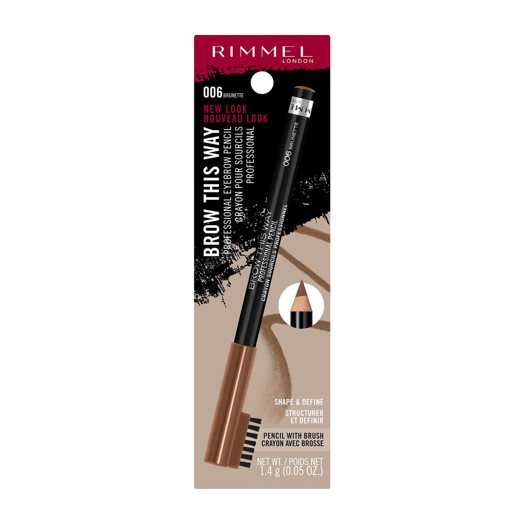 Rimmel London Brow This Way Professional Eyebrow Pencil, Long-Wearing, Highly-Pigmented, Built-In Brush, 006, Brunette, 0.05oz
