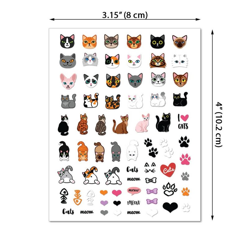 WIRESTER 8 Sheets of Nail Art Stickers Decals - Self-Adhesive Nail Decals for Women Kids Girls - Cats (Cat Face, Cat Paws, Fish Bone, Meow, Heart, Bow Tie)