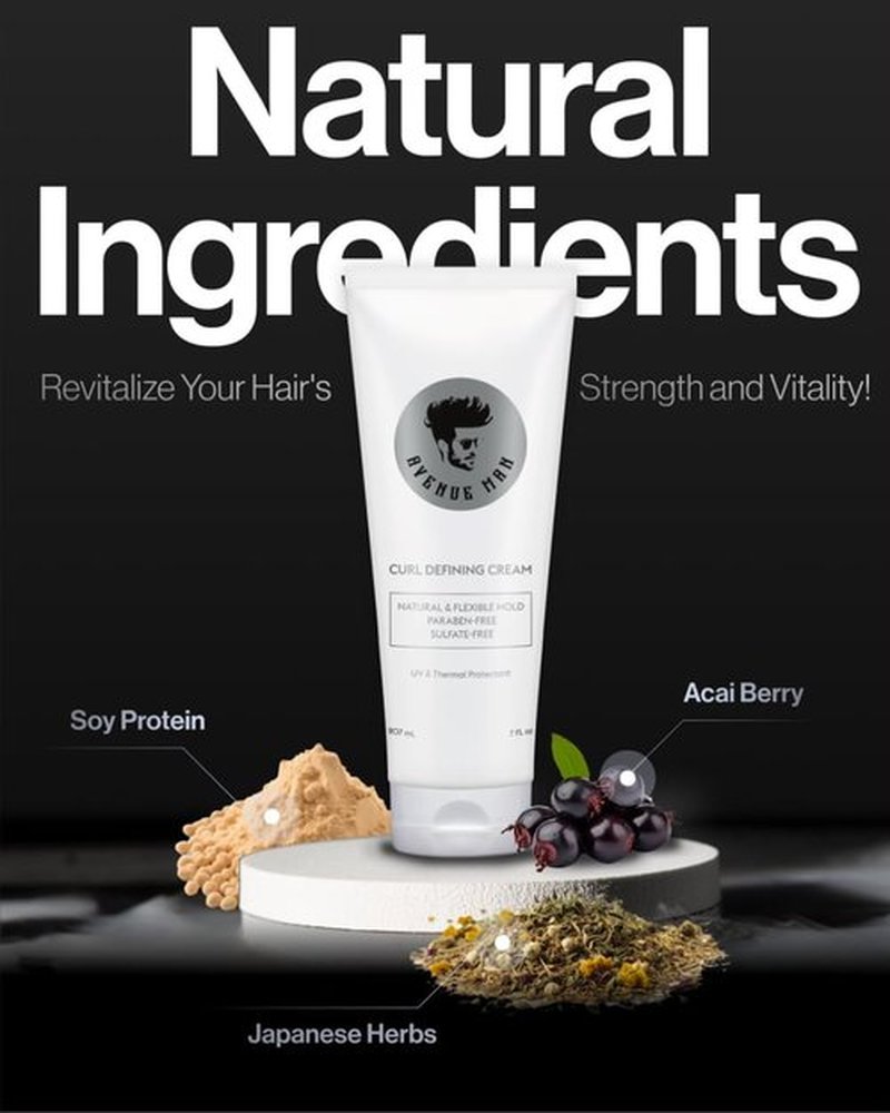 Avenue Man Curl Defining Cream - Natural Flexible Hold with Herbal Extracts - Paraben & Sulfate Free