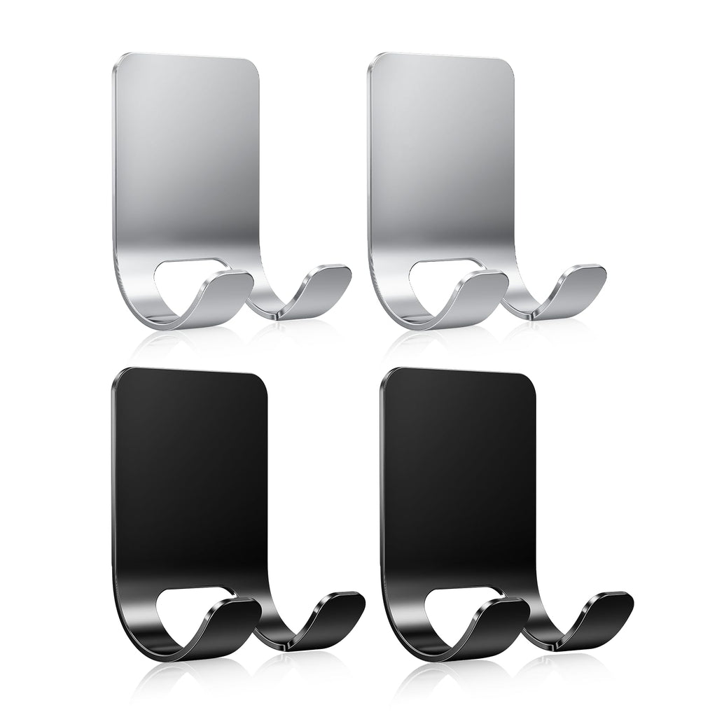 4Pcs Razor Holder, Shaver Hook Hanger, Multipurpose Self Adhesive Double Hooks, Silver Black Stainless Steel Shower Hooks, For Bathroom and Kitchen Storage, Includes Loofah, Towel, Plug, Clothes