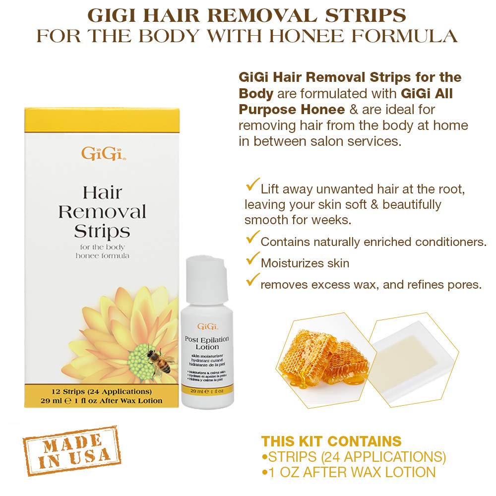 GiGi Hair Removal Wax Strips for Body - Pre-Waxed with GiGi All-Purpose Honee Formula, Waxing Kit For Women, 12 Strips + After Wax Lotion