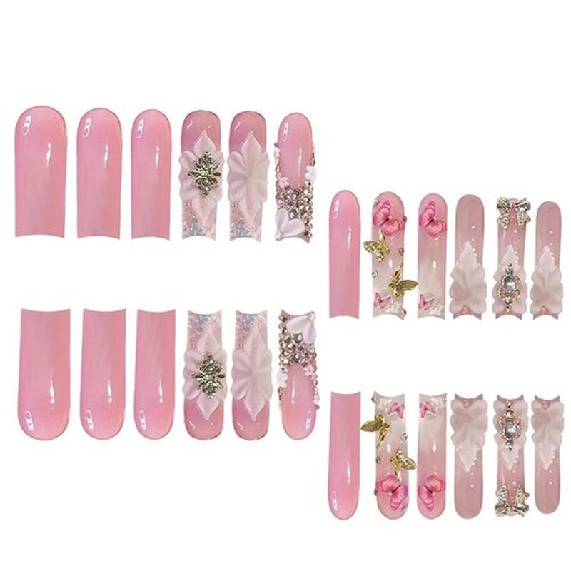 Handmade Press on Nails Long Fake Nails with 3D Flower Bow Rhinestones Butterfly Charms Designs Cute Nails Press ons Glossy Glue on Nails Nude Acrylic Nails Artificial Stick on Nails for Women 24Pcs