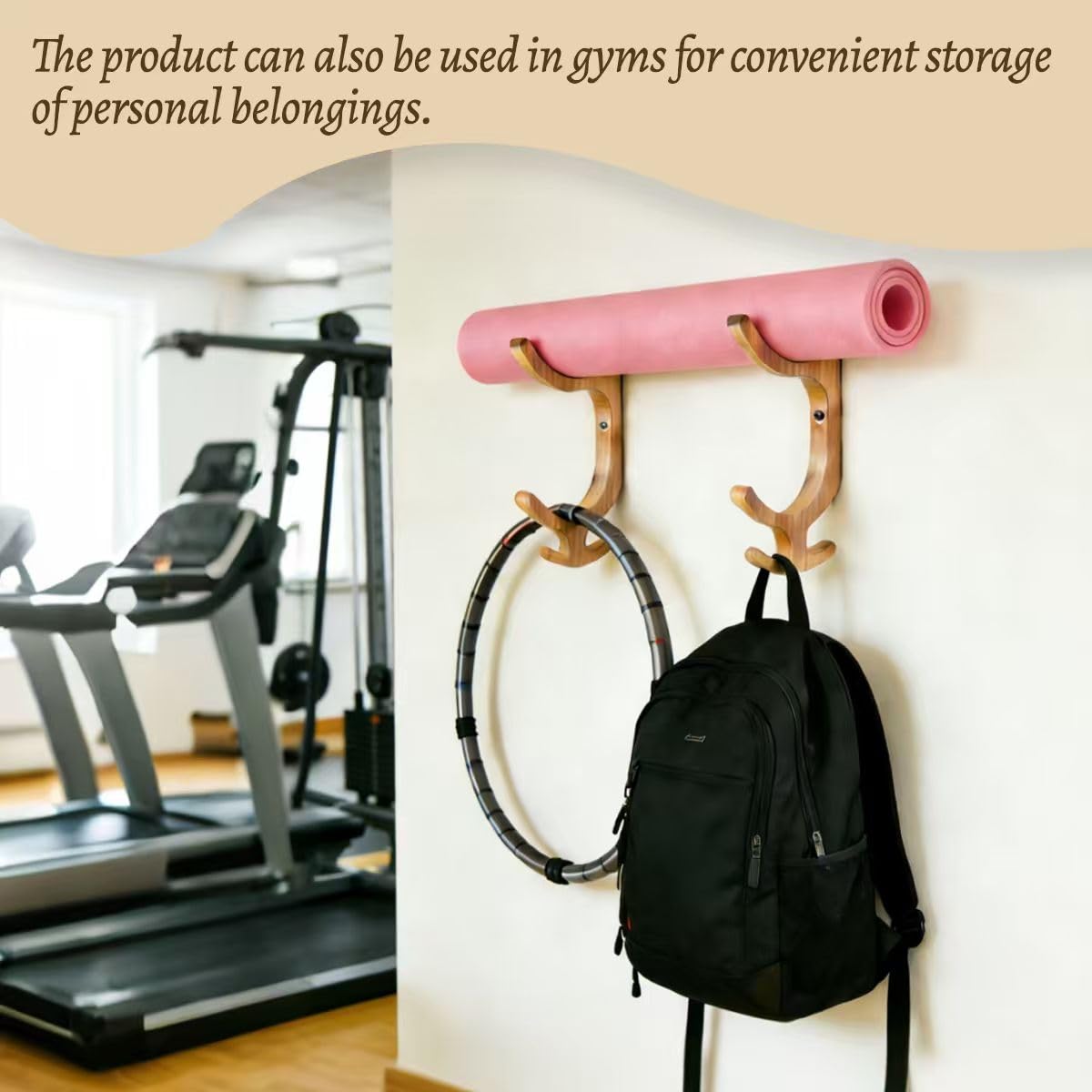 Leemeexaa Wooden Yoga Mat Holder Wall Mount, Wooden Yoga Mat Storage Rack, Solid Wooden Yoga Mat Holder, Yoga Mat Holders with hooks Space Saving Yoga Mat Holders for Mats,Resistance Bands,Jump Ropes,Home Fitness Storage