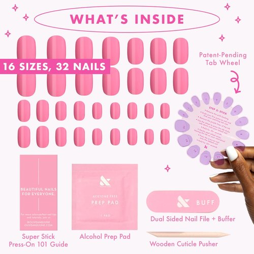 Olive & June Classic Super Stick Mani Press On Nails | Short, Round | No Glue Needed | 32 Tab Nails in 16 Sizes | Non-Toxic Tabs | Easy On-Off, Non-Damaging |7-Day Wear | Taffy | Bright Pink