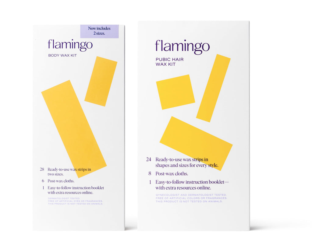 Flamingo Wax Kit- Body, Face & Pubic Wax Kits- Contains 20 Face & Pubic Wax Strips, 28 Body Wax Strips, 14 Post-Wax Cloths, 1 Calm Serum