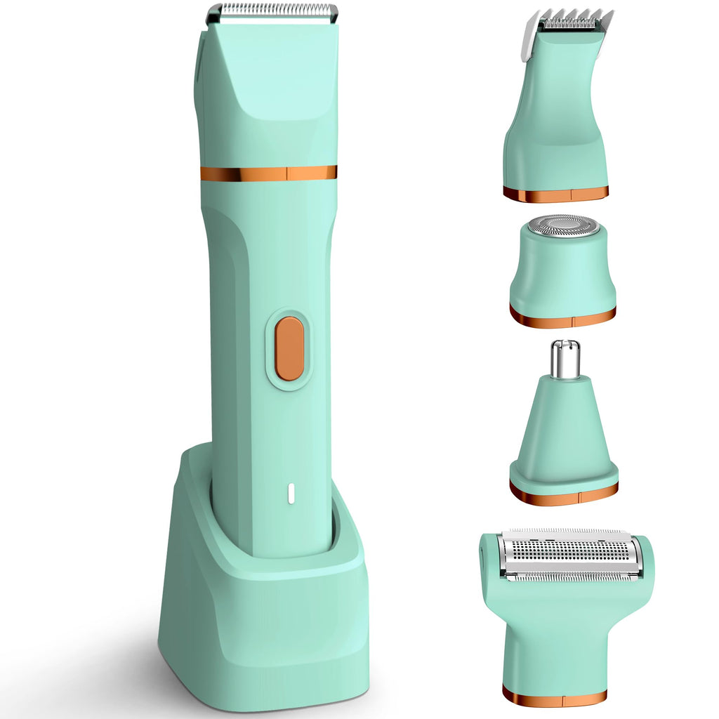 KINGTEE 5-in-1 Electric Bikini Trimmer for Women – IPX7 Waterproof Shaver, Cordless Body & Facial Razors for Women, Ceramic Blades, USB-C Rechargeable, Painless Hair Removal Kit (Pure Green)