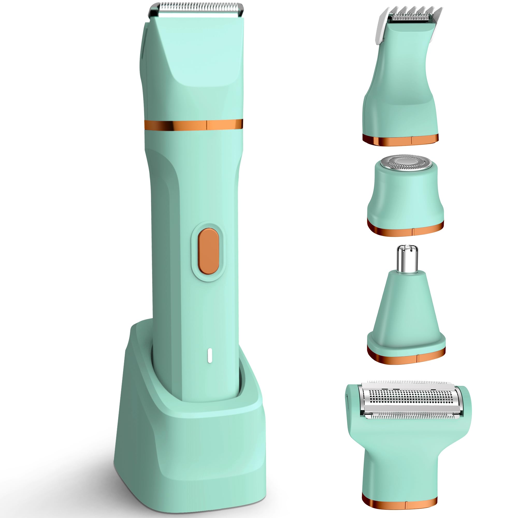 KINGTEE 5-in-1 Electric Bikini Trimmer for Women – IPX7 Waterproof Shaver, Cordless Body & Facial Razors for Women, Ceramic Blades, USB-C Rechargeable, Painless Hair Removal Kit (Pure Green)