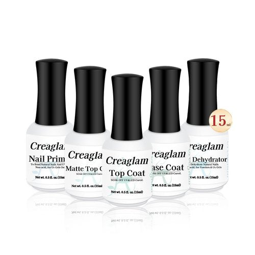 Creaglam 5-Piece Gel Nail Prep Kit - 15ml Nail Dehydrator, Primer, Base Coat, Glossy & Matte Top Coat Set - Long Lasting, Quick Drying, Acid-Free for Professional Acrylic & Gel Nail Art