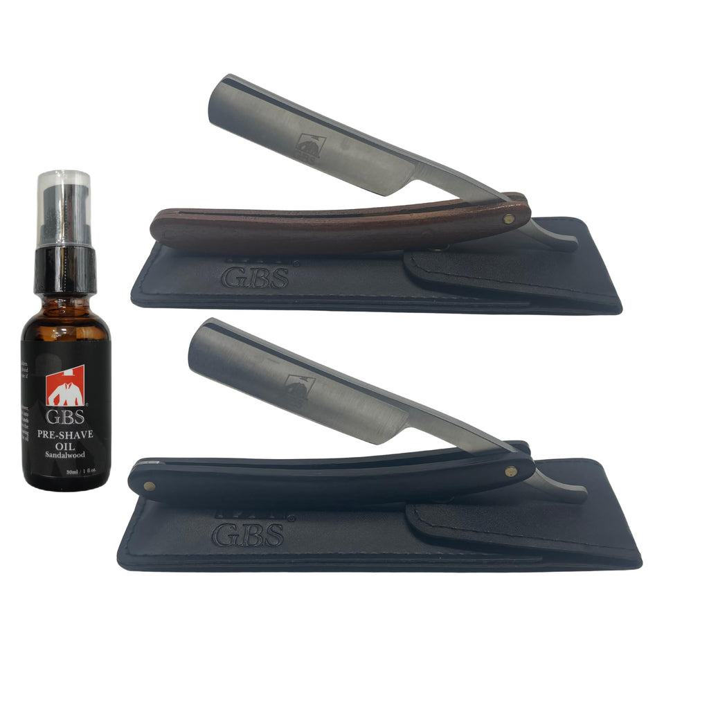 GENTS Straight Razor Shaving Set – 2 Stainless Steel Straight Edge Razors with Leather Cases (Black Wood & Hardwood) + Sandalwood Pre-Shave Oil, Professional Barber Kit for Men
