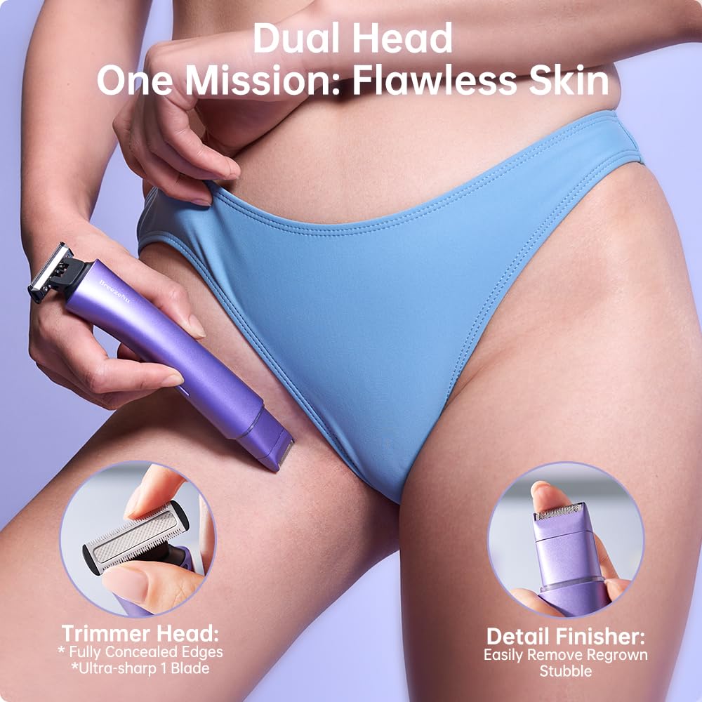 BreezeNu Bikini Trimmer for Women, 2-in-1 Painless Electric Razor with Dual Heads, IPX7 Waterproof Cordless Body & Facial Shaver for Pubic Hair, Underarms, Legs & Face, Wet & Dry (Purple)