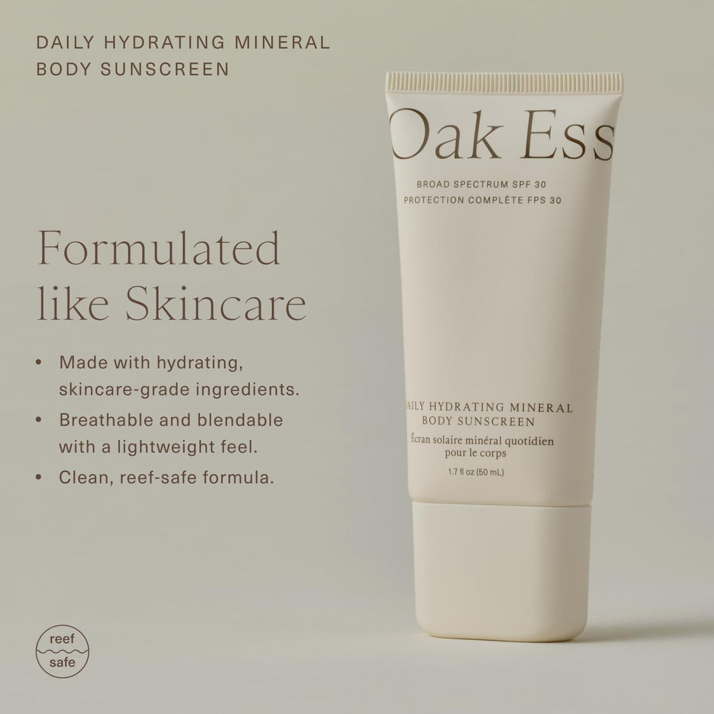Oak Essentials Daily Hydrating Mineral Body Sunscreen SPF 30, Broad Spectrum 11% Non-Nano Zinc Oxide Sunblock, Lightweight Mineral Sunscreen for Dry Skin, Fast-Absorbing, Non-Greasy Finish