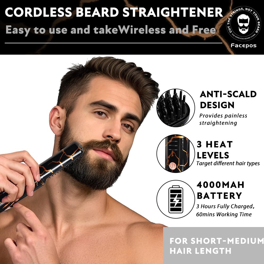 Wireless Electric Heated Beard Straightener Set, Portable Cordless Hair Straightener for Men, Elegant Crackle Pattern Design and Bonus Beard Brush & Wooden Comb for Perfect Grooming