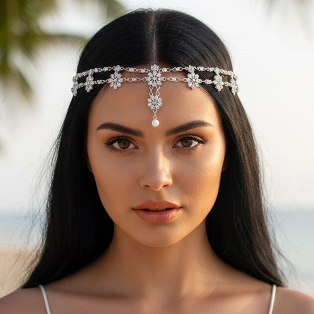 Unsutuo Hair Jewelry Head Chain Wedding Bohemian Floral Headband Elastic for Women(Silver)