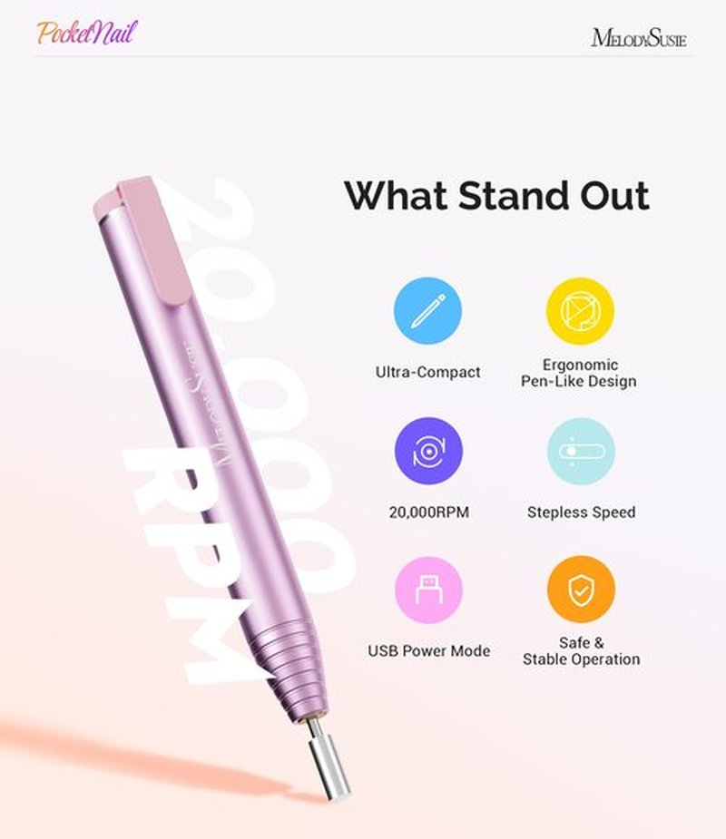 MelodySusie PocketNail Slim Ergonomic Pen-Shaped USB Nail Drill, PC100G 20002RPM Portable Electric File for All Manicure, Pedicure Nail Care, Shaping & Gel Removal at Home for Beginners