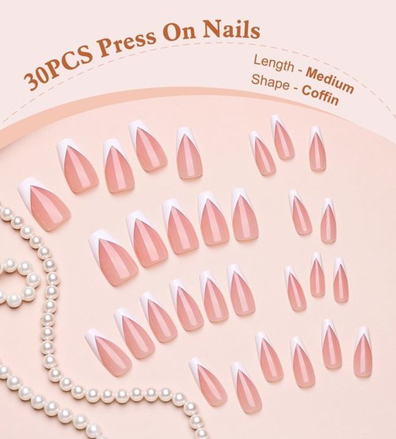 Artquee V French Tip Press on Nails Long Pink White Coffin Fake Nails Tips Glossy Full Cover Acrylic Nail Artificial Nail Art Reusable Stick on Nails Kit for Women - 30 Pcs in 15 Sizes