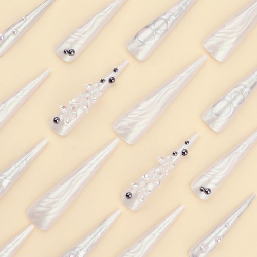 Extra Long Press on Nails Stiletto Fake Nails Long False Nails Almond Shape Glue on Nails with 3D Swirl and Butterfly Designs Acrylic Nails Stick on Nails for Women and Girls 24 Pcs