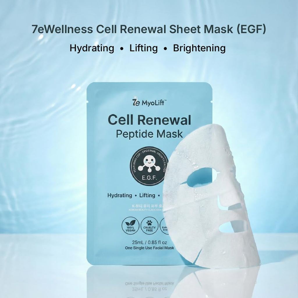 MYOLIFT Cell Renewal Peptide Mask(EGF)– 100%Vegan, Bio-Cellulose FaceMask for CellRenewal, Skin Firming, Hydrating & Brightening-with Niacinamide, Hyaluronic Acid& EGF|Korean Skincare Sheet Mask–Pack1