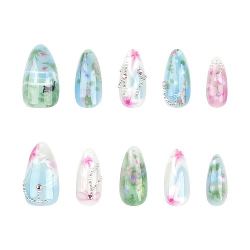 Jremg Flower Press on Nails Medium Almond Fake Nails with Pearl rhinestones Design Glossy Bow Blue Green Glue on Nails Cute Cat Floral Handmade Artificial Acrylic Nails for Women Girls 24Pcs