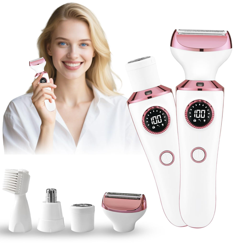 4-in-1 Electric Razor & Bikini Trimmer for Women - Rechargeable Wet/Dry Body Shaver for Face, Legs, Underarms, Pubic Hair, IPX6 Waterproof with LED Light & Travel Lock