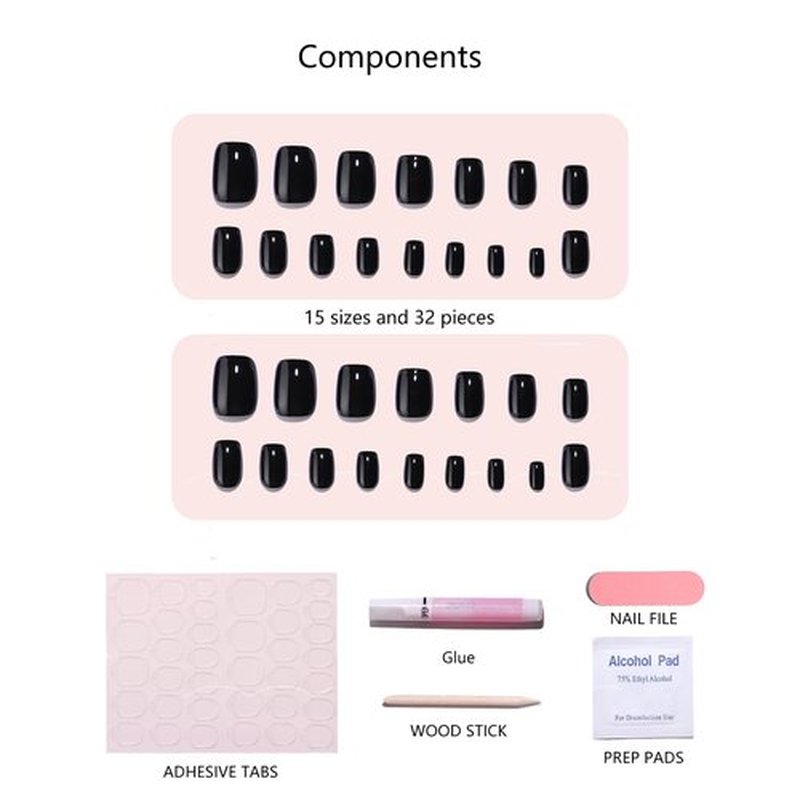 Short Square Press On Nails (Onyx) Reusable Natural Stick On Nails with Glue in 15 Sizes – 32 Soft Gel Fake Nails Kit