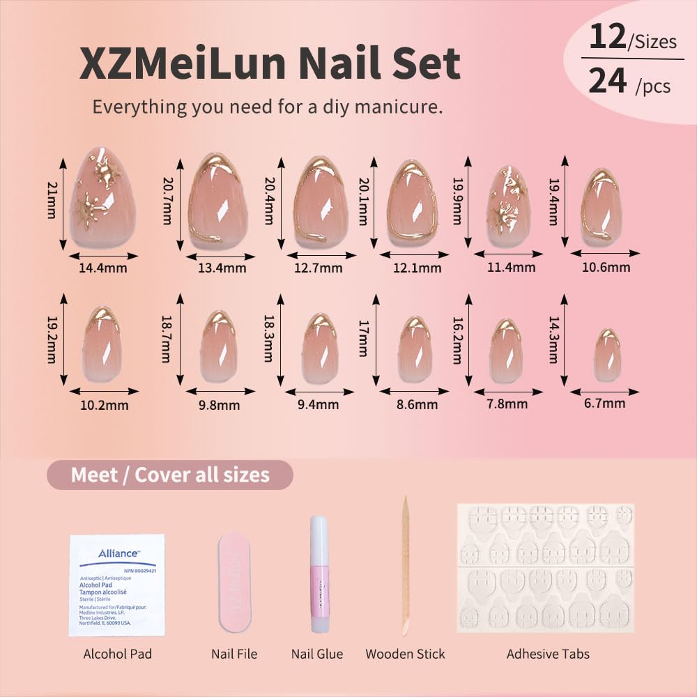 XZMeiLun Short Almond Press on Nails with French Tip & 3D Gold Line Star Design, Glossy Full Cover Acrylic False Nails with Glue, Reusable Stick - Glue on Fake Nails for Women- Fall Nail Art Gift