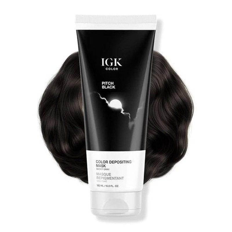 IGK Pitch Black Color Depositing Hair Mask - Smoky Gray Semi-Permanent Conditioner + Gloss Toner | Hydrating Shine + Color Refresh | Vegan + Cruelty-Free | 6 oz