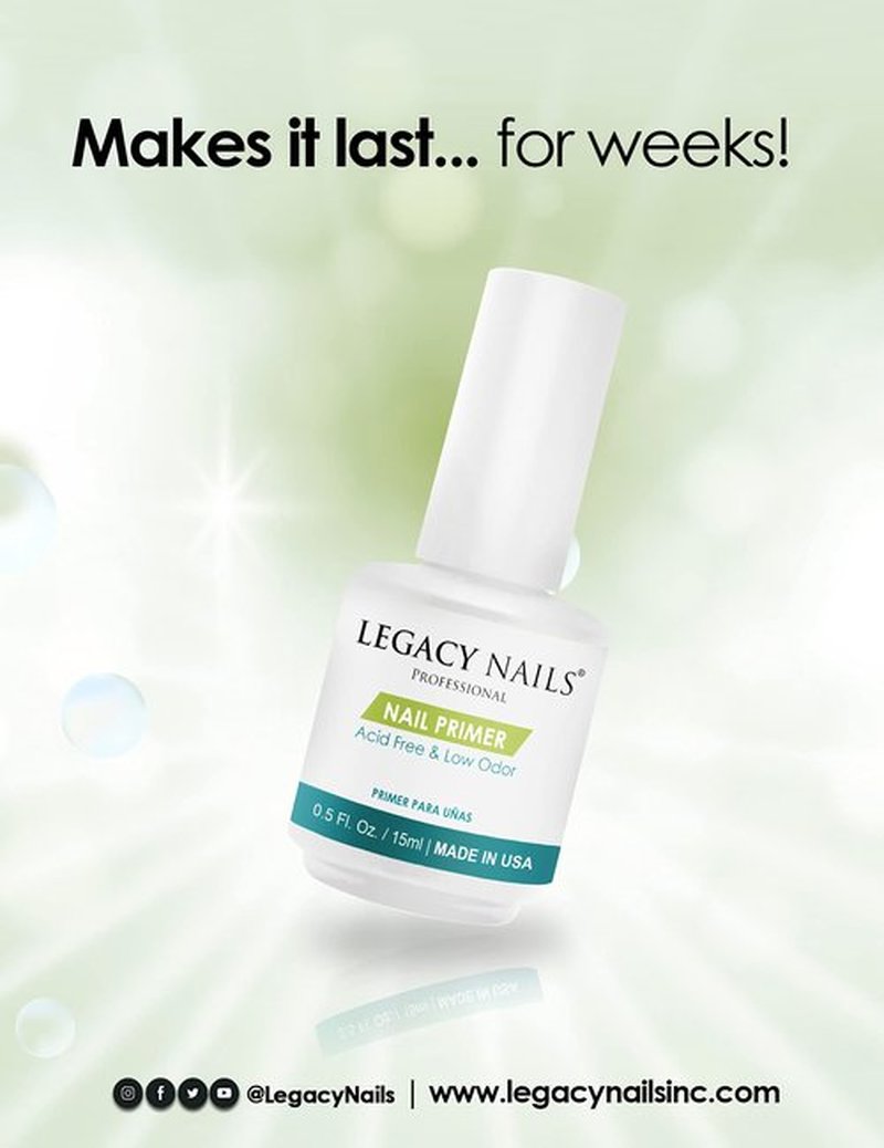 Legacy Nails Nail Primer 0.5oz/ 15ml - Low Odor, Acid-Free & pH leveling polymer. Works as a bridge between natural nails and acrylic and gel systems, gel polish, and nail lacquers.
