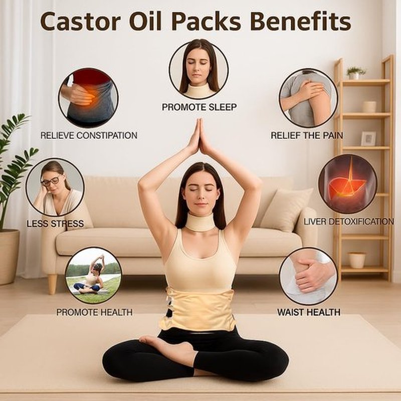 Castor Oil Pack Wrap Organic - Castor Oil Pack Kit Belly Button Cotton for Stomach Liver Detox Neck Abdomen Waist - Organic Cold Pressed Unrefined