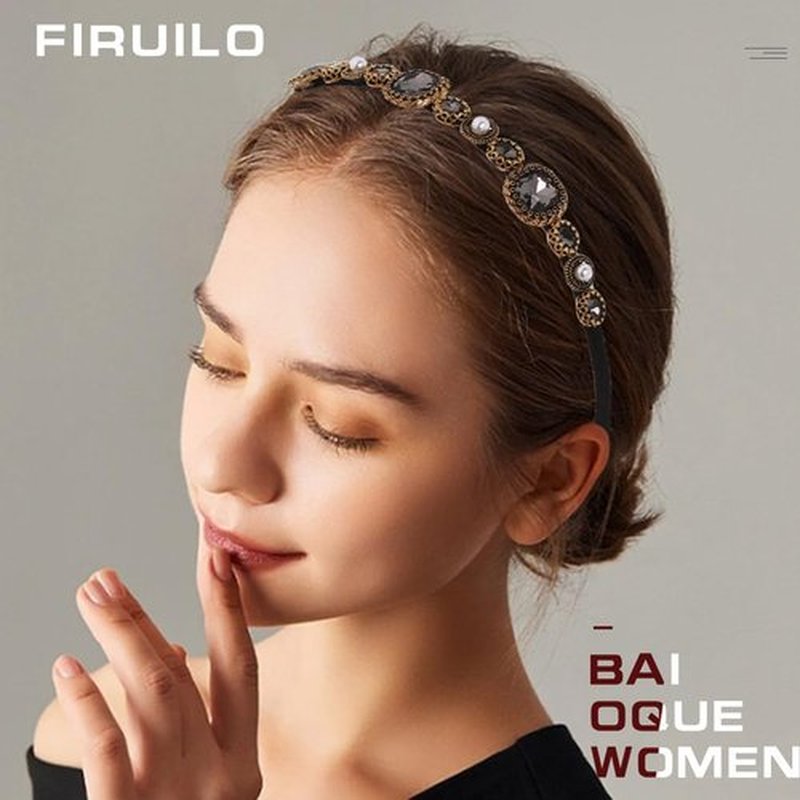 Firuilo Baroque Crystal Headband Pearl Rhinestones Hairbands Black Thin Headband for Women(Type A)