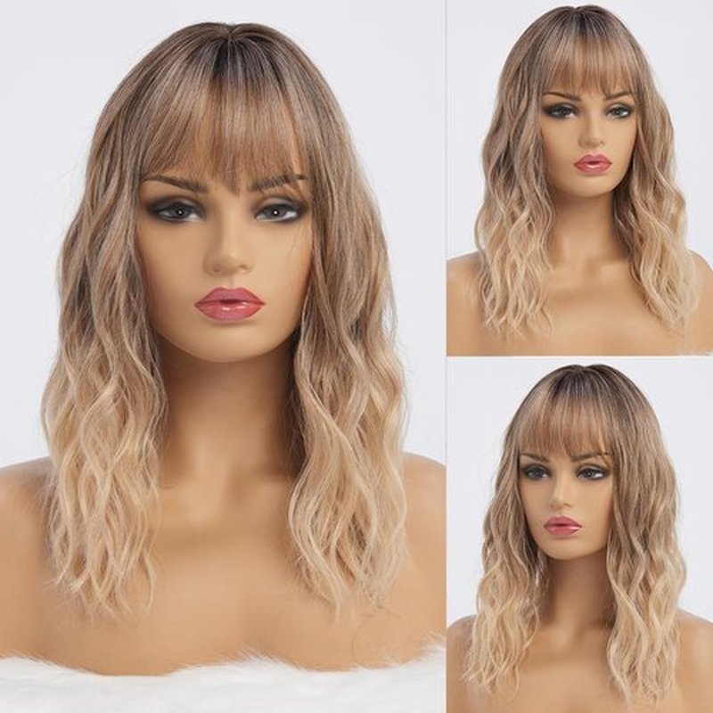 simkaylee Wavy Long Ombre Blonde Wigs with Bangs for Women Medium Middle Length Blond Wig Synthetic with Water Wave Fringe Womens Heat Resistant Hair Wig for Daily Party Use (16inch)