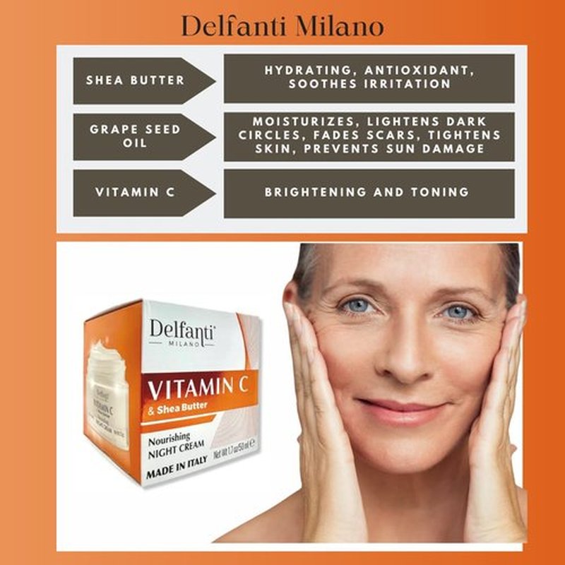 Delfanti-Milano • VITAMIN C & SHEA BUTTER • Nourishing Night Cream • Face and Neck Moisturizer • Made in Italy