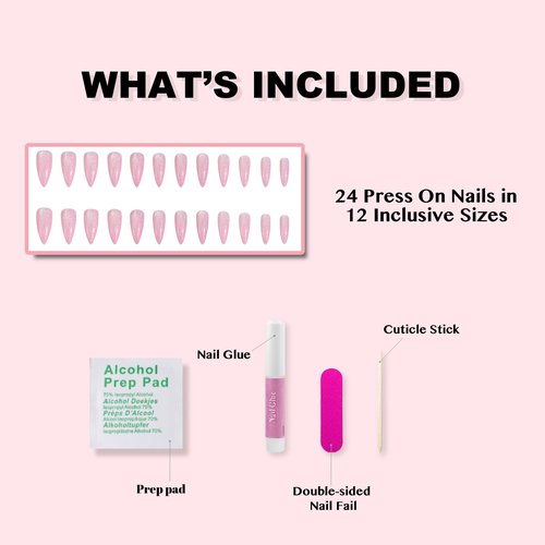 Gentle Claws Press On Nails - Pink Glitter| Bright Pink Glitter Velvet Nails, Medium Almond Shaped Press On Nails with Cat Eye Design for Women and Girls, 24 Pcs Reusable Fake Nails